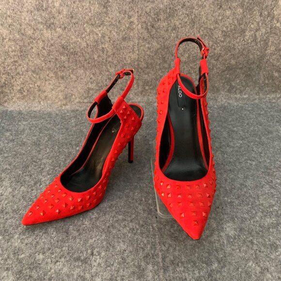 Aldo Yadori Women's Red Studded Sling Back Pump Heels Pointed Toe Shoes - Picture 3 of 13